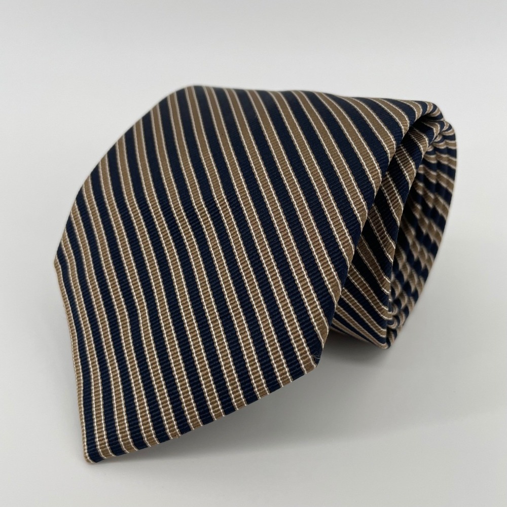 Jos. A. Bank Classic Collection Silk Tie Navy Blue Tan Striped Long Mens Necktie